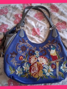 Sharif Blue Embroidered Parrot & Floral Shoulder Bag
